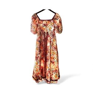 Floral Puff-Sleeve Midi Dress in Rust Multi